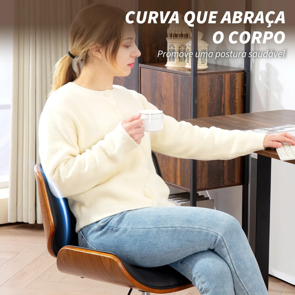 Cadeira de Escritório sem Braços Cadeira de Secretária Vintage Giratória Estofada em PU Altura Ajustável 52x54x74-84 cm Preto e Madeira