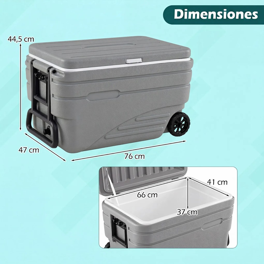 Geleira Térmica Portátil, 76 x 47 x 44,5 cm, Grande Capacidade de 98 L, Cinzento