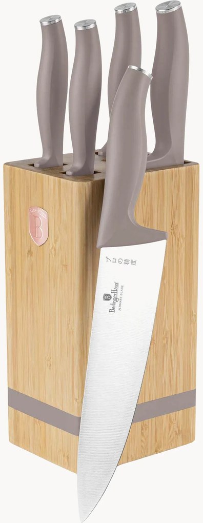 Facas de cozinha com suporte Taupe, conjunto de 6