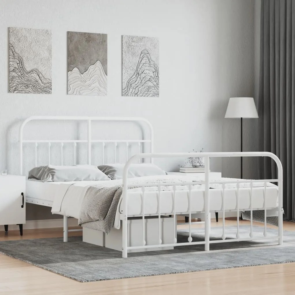 Estrutura de cama com cabeceira e pés 135x190 cm metal branco