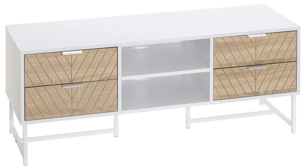 HOMCOM Móvel TV até 47 Polegadas Sala Estar Moderno 4 Gavetas 2 Prateleiras Abertas Orifício Passa Cabos 120x39x48cm Branco Carvalho