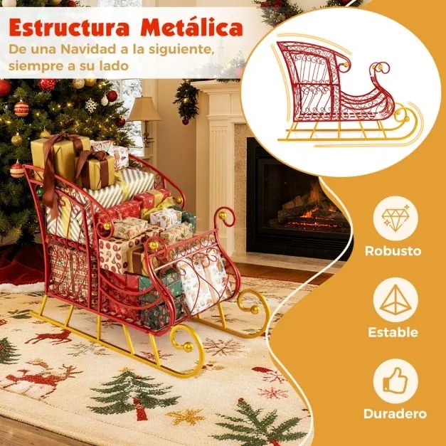 Cesto de Natal em Metal desenho Trenó de 2 Níveis para Presentes do Pai Natal Carrinho Trenó Decorativo Decoração Natal Vermelho
