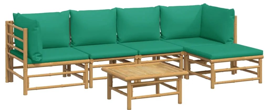 6 pcs conjunto lounge de jardim bambu c/ almofadões verdes