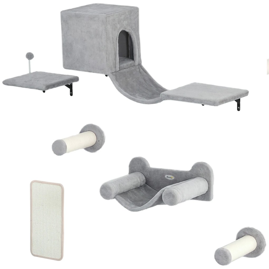 PawHut Conjunto de Prateleiras de Escalada para Gatos de 6 Peças com Placa para Arranhar e Poste de Sisal Cinzento | Aosom Portugal