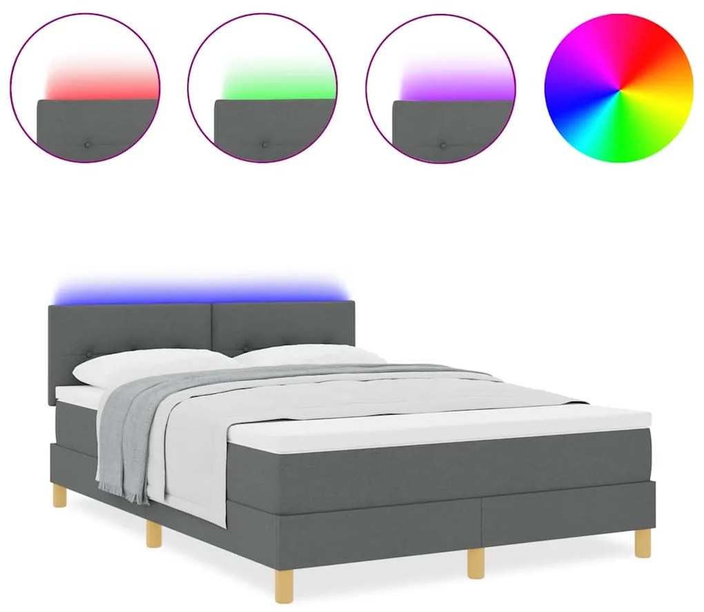 Cama Box com Colchão e LED Cinza Escuro 140x190 cm Tecido