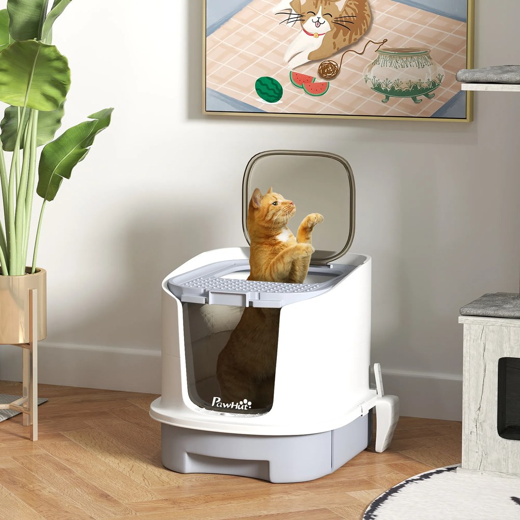 Caixa de Areia para Gatos Fechada com Entrada Frontal Saída Superior Tampa Amovível Bandeja e Pá 40,5x52,5x42,5 cm Branco e Cinza