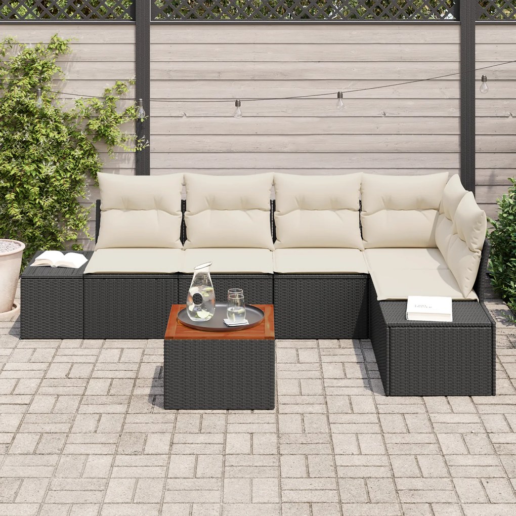 Conjunto de Sofá de Jardim de 6 Peças com Almofadas Preto Vime PE Acác