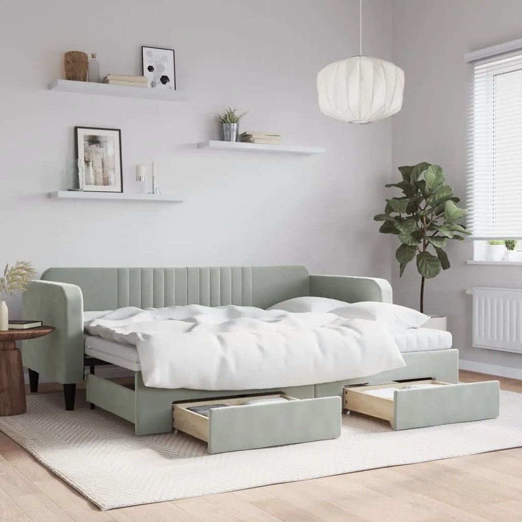 Sofá-cama c/ gavetão e gavetas 80x200 cm veludo cinzento-claro