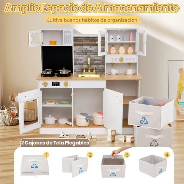 Cozinha de Brincar madeira com fogão com luz e som Cafeteira Torneira e utensílios de cozinha