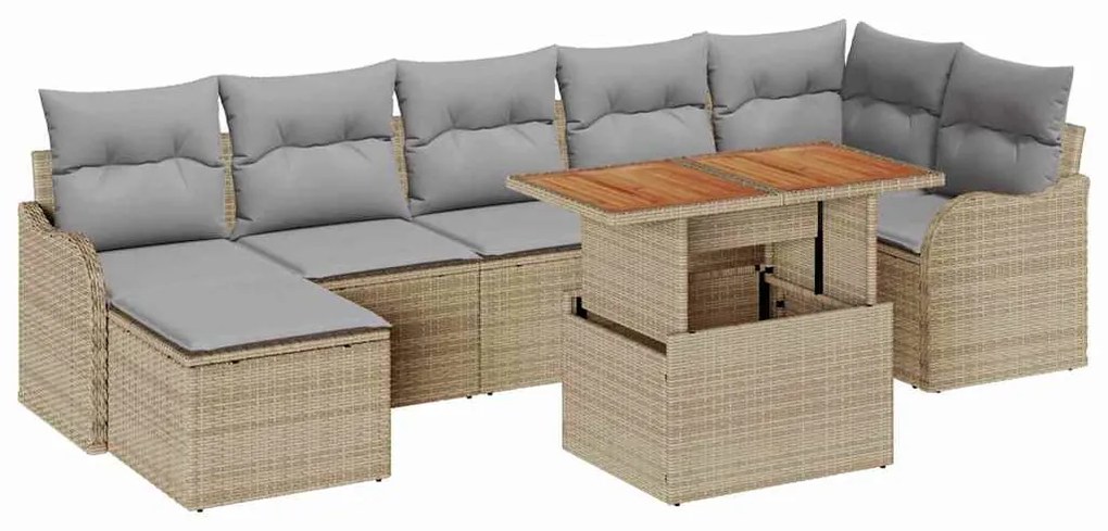 Sofá de Jardim de 8 Peças com Almofadas Beiges, Rattan Sintético e Acá