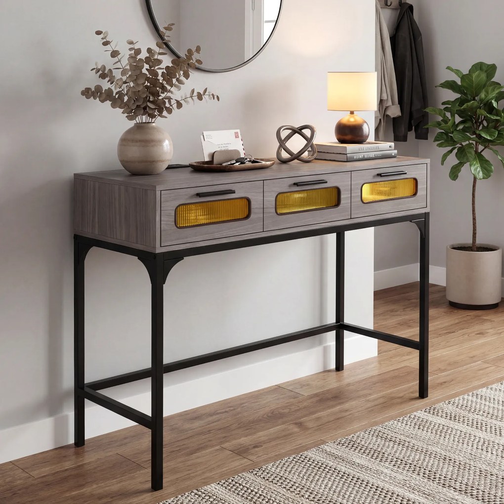 Mesa consola com luzes LED e estação de carregamento, 90 x 40 x 75 cm, com portas USB e gavetas, estreita, para sala, hall de entrada ou corredor, cin