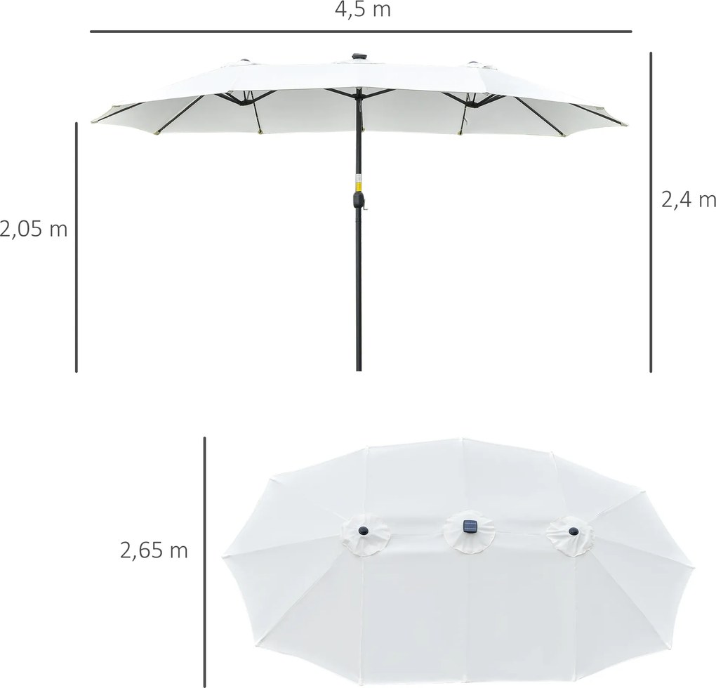 Chapéu de Sol Duplo com 48 Luzes LED 4,5x2,65 m Manivela Proteção Solar para Terraço Jardim Piscina Creme