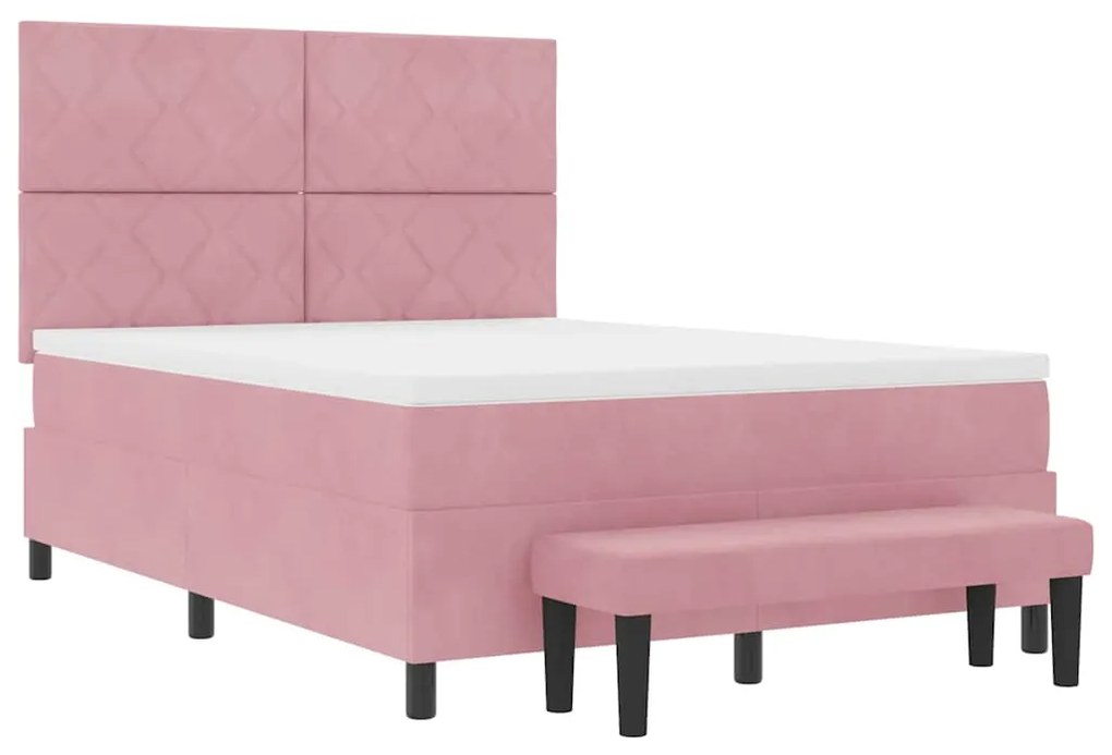 Cama Box Spring com Colchão &amp; Banco Rosa 160x200 cm Veludo