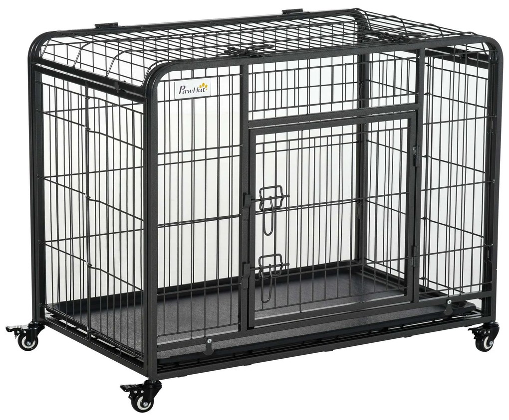 PawHut Gaiola Metal Dobrável Cães Rodas Freios Bandeja Removível Porta Segura 109,5x71x78 cm Cinza Escuro