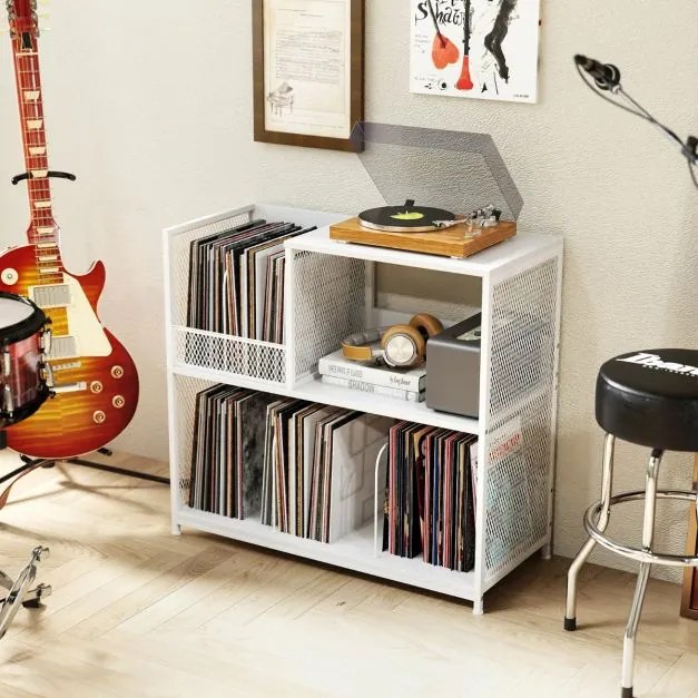 Suporte para gira-discos 83 x 36 x 76,5 cm de 3 níveis e para discos de vinil com capacidade para 300 álbuns com 3 divisórias Branco