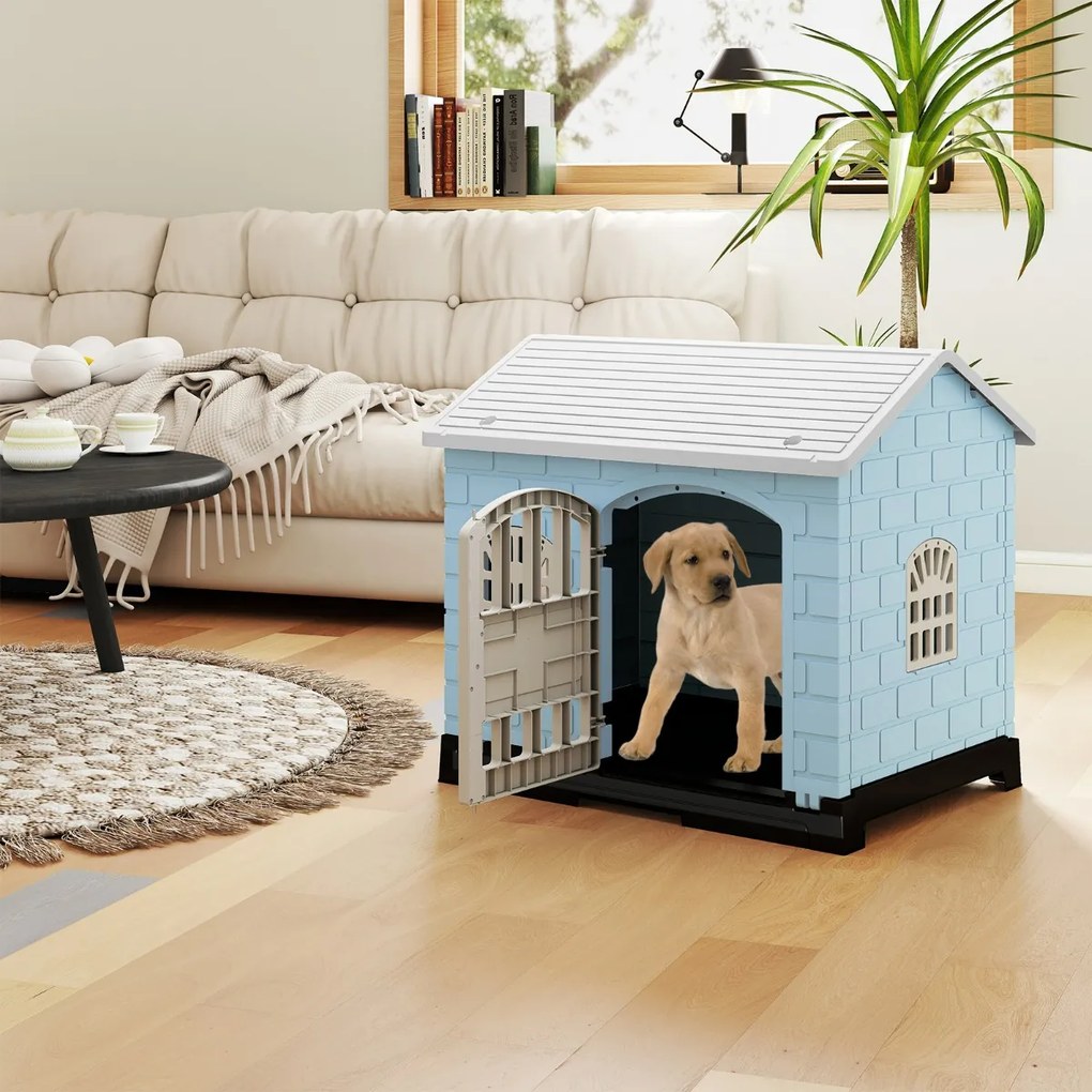 Casota dobrável 75 x 58 x 65 cm de plástico para cães resistente às intempéries para animais de estimação com bandeja sanitária Porta Azul Claro