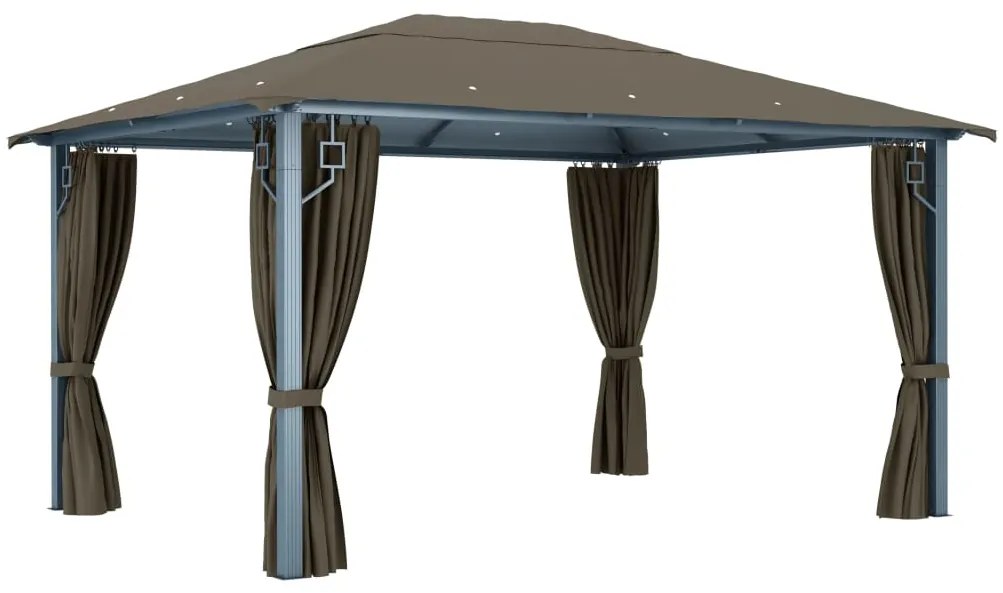 Gazebo c/ cortinas e cordões luzes LED 4x3 m alumínio cinza-ac.