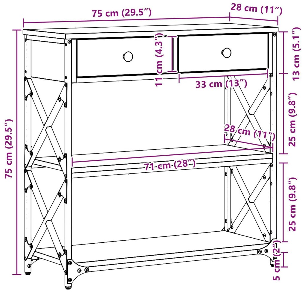 Mesa de Consola vidaXL Madeira Velha 75x28x75 cm Madeira Compensada e
