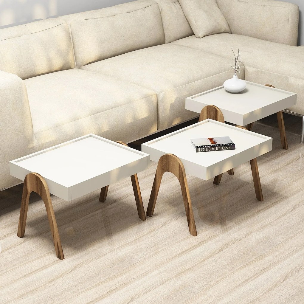 Conjunto de Mesas de Apoio Roma – Nogueira e Creme – 53,6 x 64 x 40 cm
