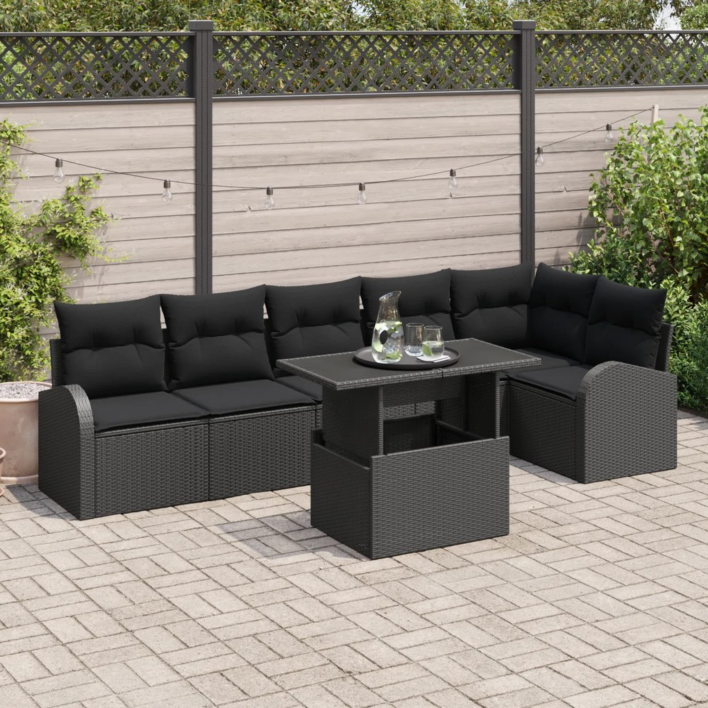Conjunto de Sofás de Jardim de 7 Peças com Almofadas em Vime Preto, So