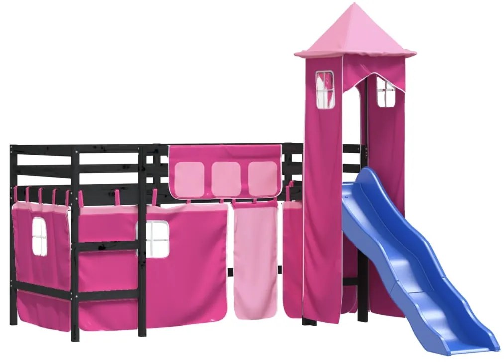 Cama alta para criança com torre 90x190 cm pinho maciço rosa
