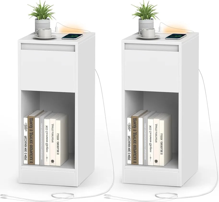 Mesa de cabeçeira ou mesa apoio com iluminação LED 30 x 25 x 59,5 cm, portas USB e gaveta Branca