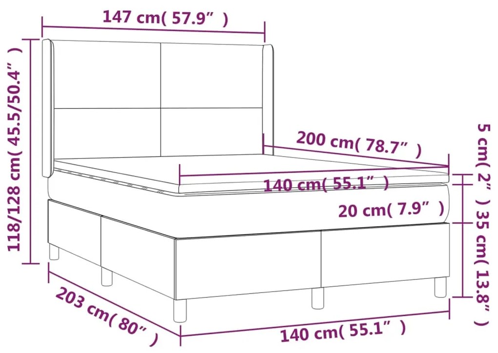 Cama box spring c/ colchão e LED 140x200 cm tecido cinza-claro