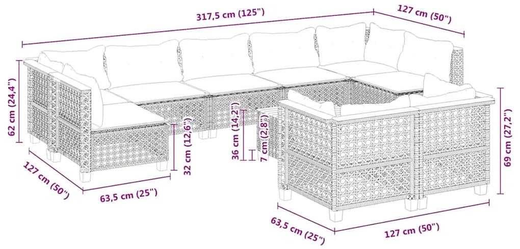 10 pcs conjunto de sofás p/ jardim com almofadões vime PE bege