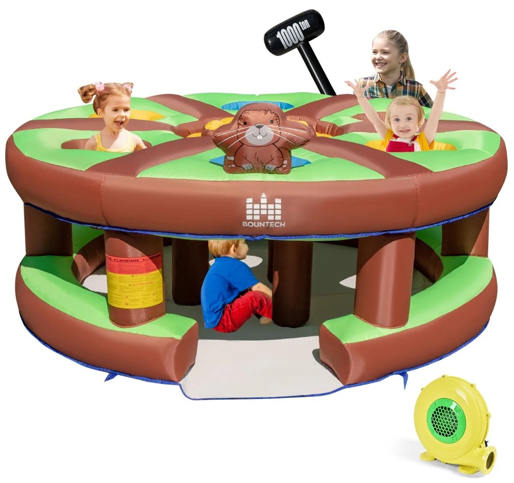 Jogo Infantil Insuflável Bater na Toupeira com Ventilador 480W para Pátio Parque 260 x 260 x 124 cm Verde e Castanho