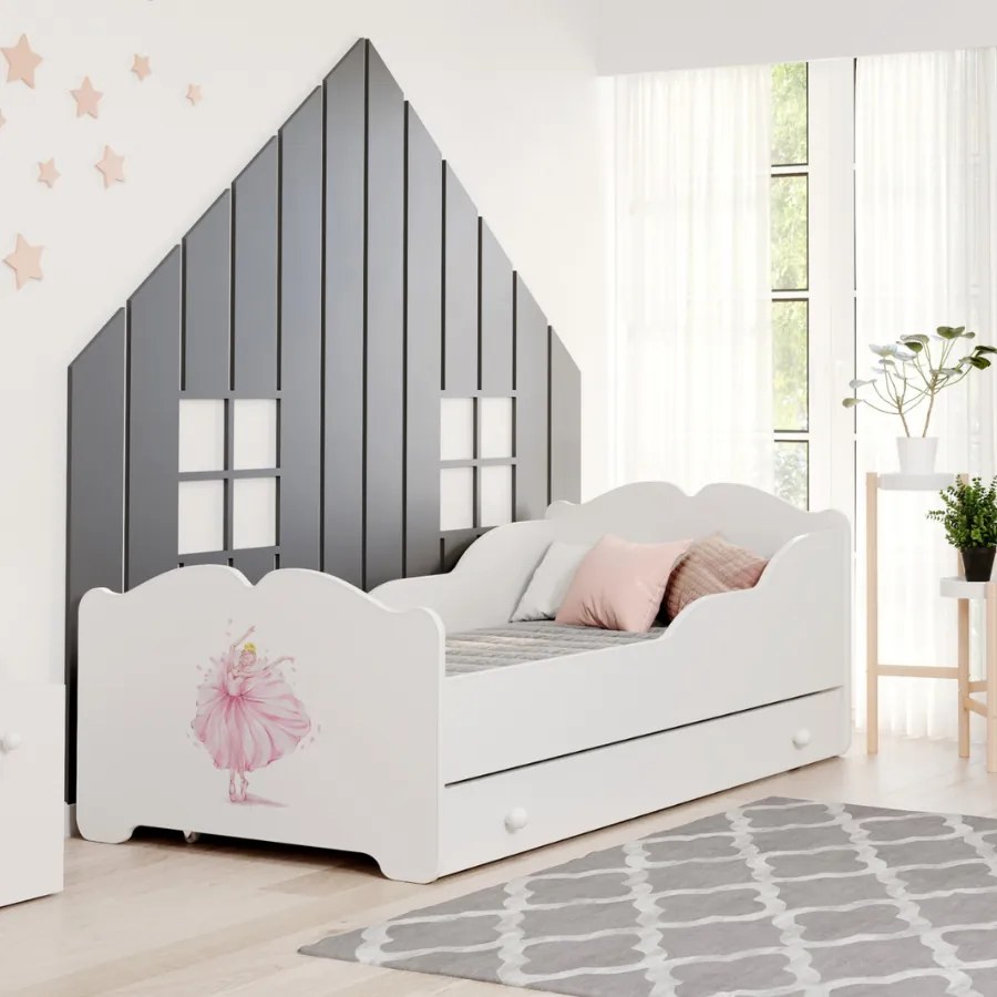 Cama infantil ANNA branca com gaveta 160x80 - bailarina - colchão e estrado incluído