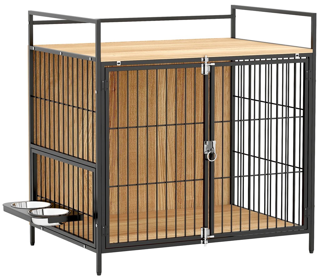 PawHut Gaiola para Cães Mesa Auxiliar Moderna com Suporte Giratório com 2 Tigelas para Cães Médios 80x56x76,5 cm Madeira e Preto | Aosom Portugal