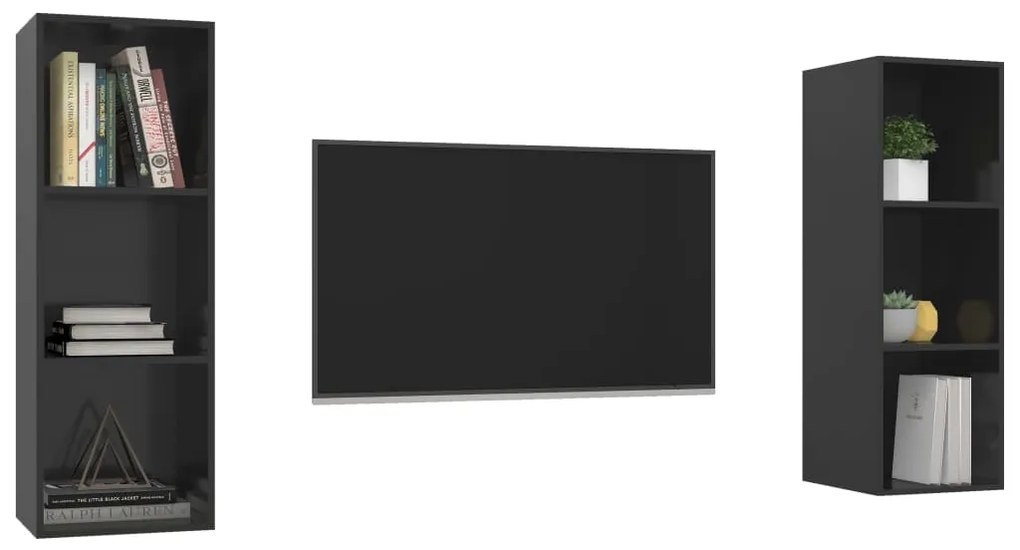 Armários de parede p/ TV 2pcs derivados madeira preto brilhante