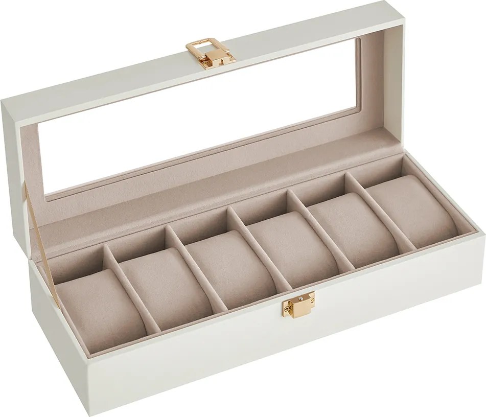 Caixa para relógios com 6 compartimentos 11,2 x 30 x 8 cm, fecho metálico, ideia para presente, branco