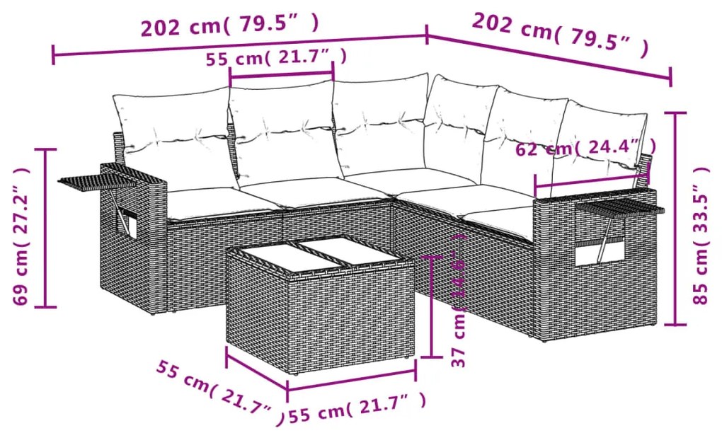 6 pcs conjunto de sofás jardim c/ almofadões vime PE castanho