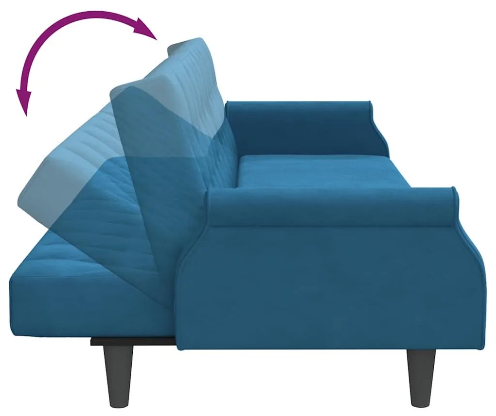 Sofá-cama com apoio de braços veludo azul