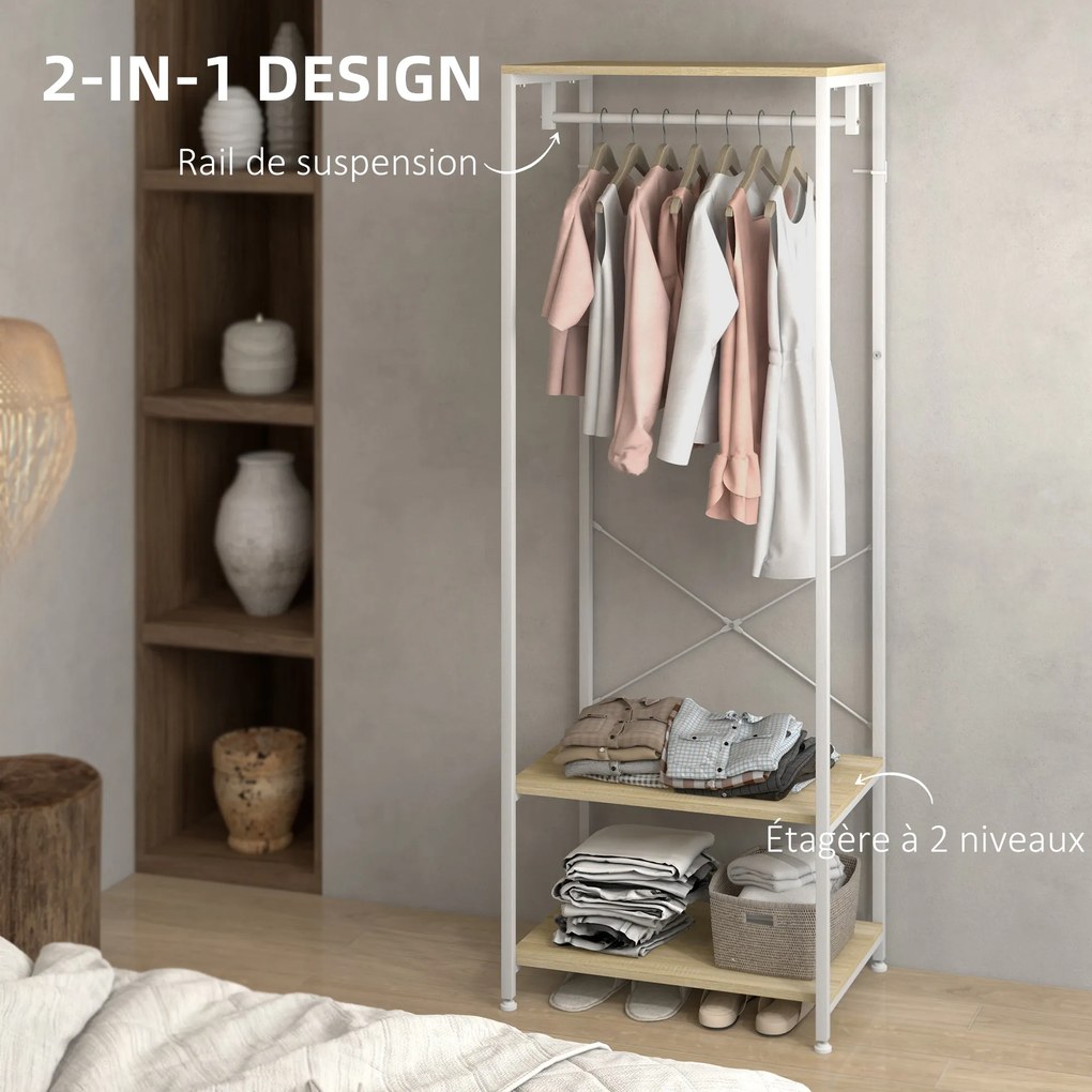 Guarda roupa aberto com varão e 2 prateleiras para sapatos 60 x 40 x 167,5 cm Aspecto de madeira clara e metal branco