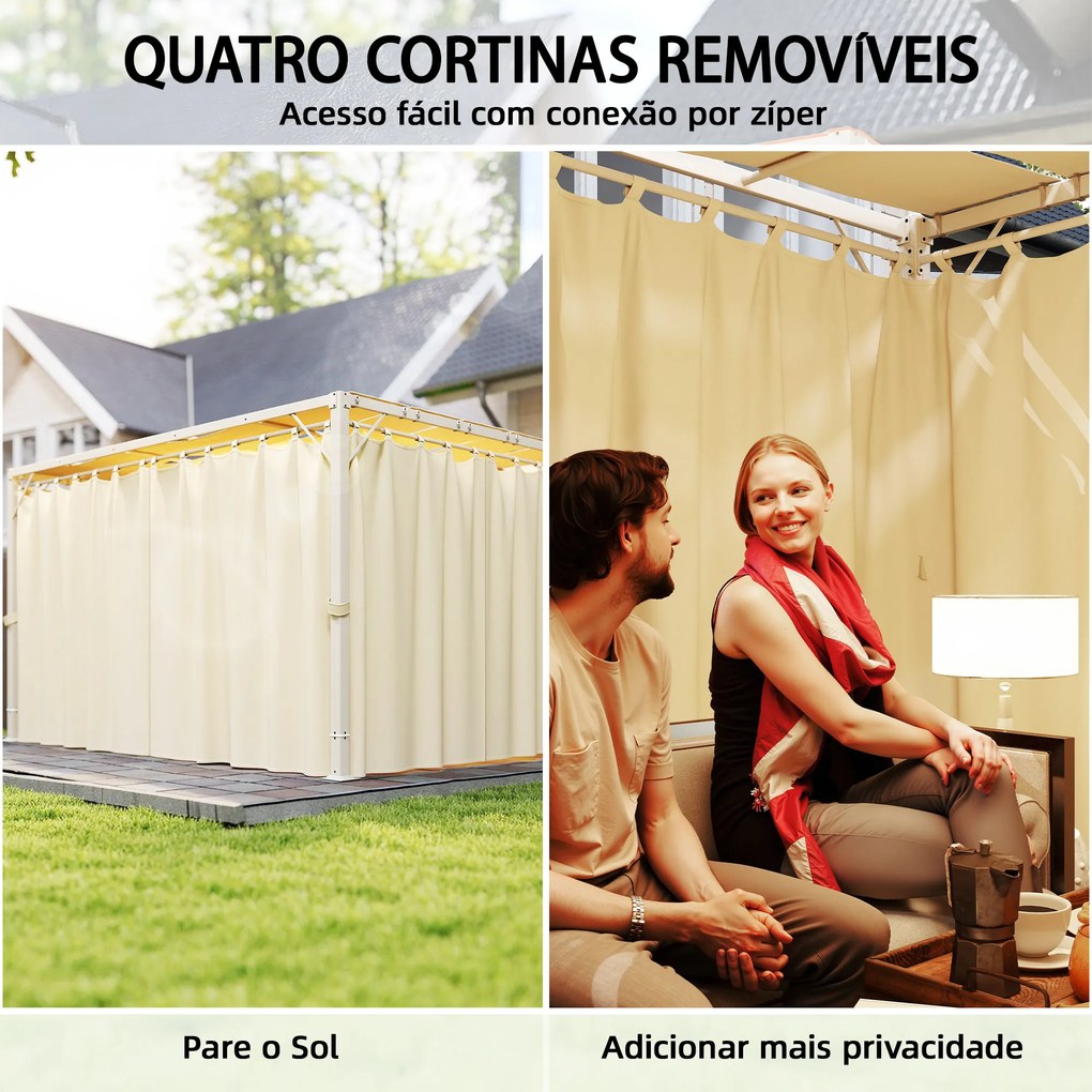 Pérgola de Jardim 385x295x225 cm com Teto Ondulado 4 Cortinas Removíveis Proteção UPF50+ e Estrutura de Aço Bege