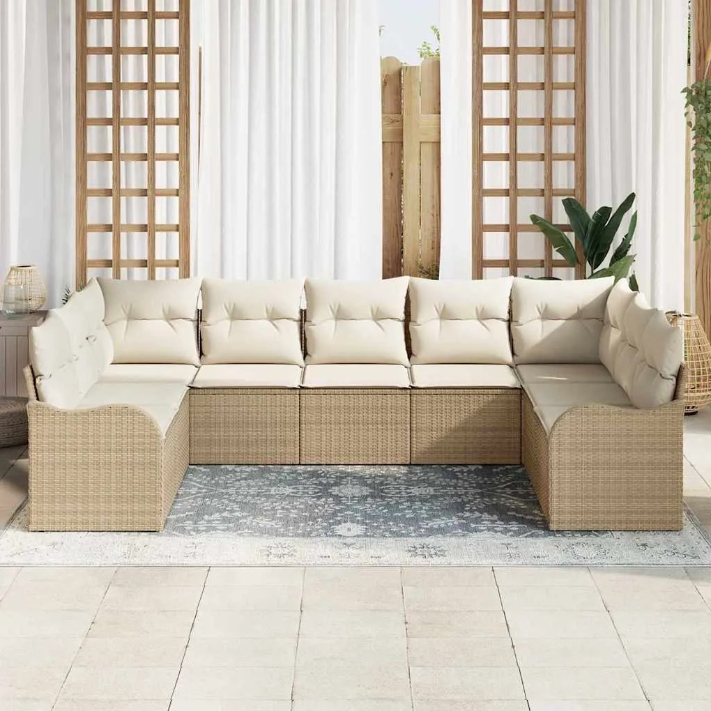 Conjunto de Sofá de 9 Peças com Almofadas em Polyrattan Bege.