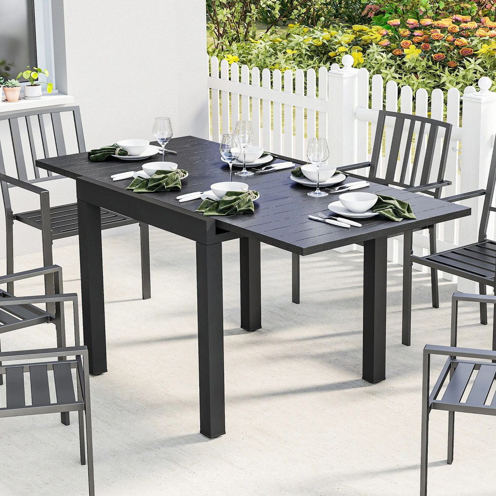 Mesa de Jantar Exterior Extensível 80/160 cm para 4-6 Pessoas de Alumínio com Tampo de Ripas Efeito Madeira Preto