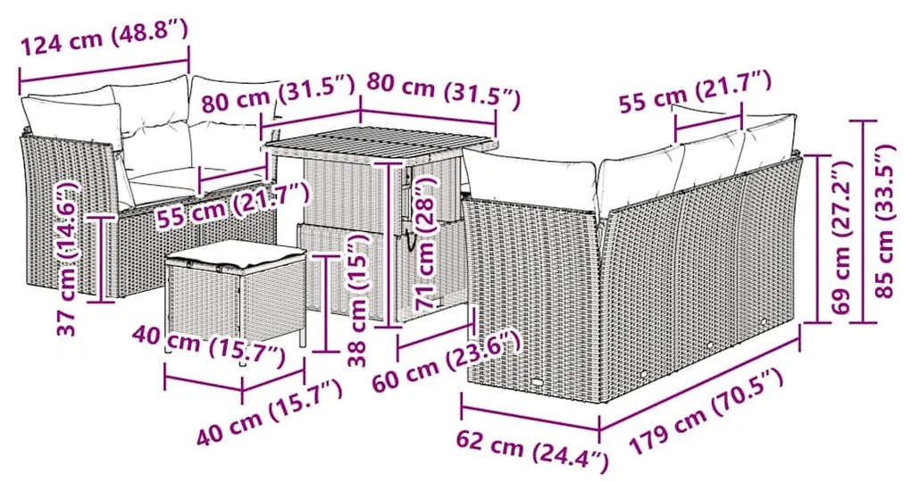 Sofá de Jardim 8 Peças com Almofadas Beijinhas em Poliratan e Acácia