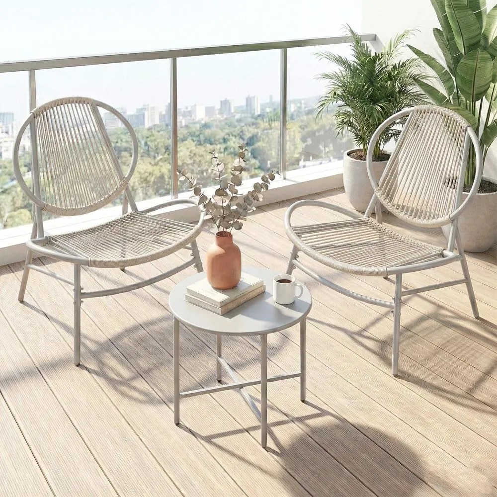 Conjunto de jardim com mesa e 2 cadeiras, em Polyrattan PE, cinzento