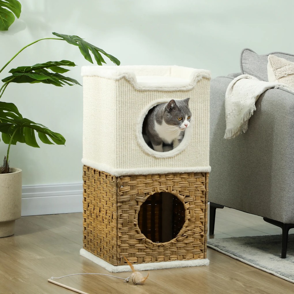 Compartimento aberto para gatos de interior com 3 níveis, torre para gatos com arranhador de sisal, 41 x 41 x 75,5 cm, creme