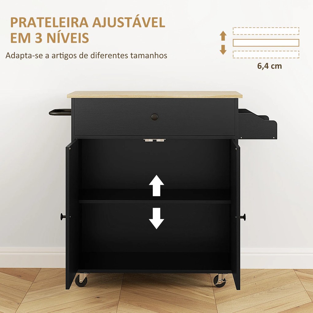 Ilha de Cozinha com Rodas com Lateral Dobrável Gaveta Suporte para Temperos e Prateleira Ajustável 106x42x87 cm Preto e Carvalho