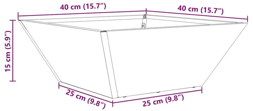 Vaso de jardim 40x40x15 cm em aço galvanizado