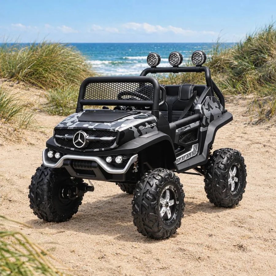 Jipe elétrico para crianças Mercedes-Benz Unimog bateria 12v, 4x4 2 Lugares pneus em borracha, assento em pele artificial Camuflado