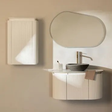 Conjunto De Móvel De Casa De Banho Suspenso Em Madeira Carsone Branco & Branco & Cimento Cinzento Redondo Ø40 Cm Tarsis & Oval - Sklum