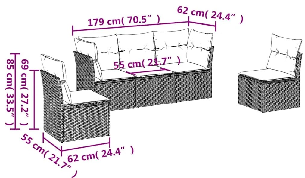 5 pcs conj. sofás jardim c/ almofadões vime PE cinzento-claro