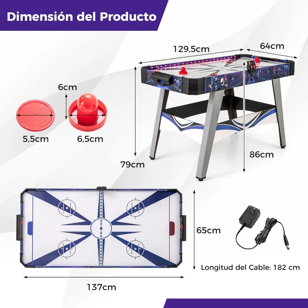 Mesa de Air hóquei com luzes LED e marcador LED 137 x 65 x 86 cm, 2 empurradores e discos, motor potente de 12V azul