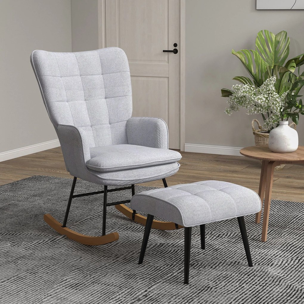 Poltrona Baloiço com Apoio para os Pés Poltrona Relax com Almofada Acolchoada e Anti-Tombo 64x89x90 cm Cinzento