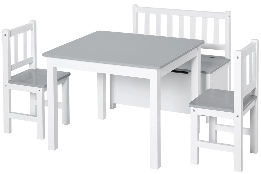 Conjunto Infantil de Mesa 2 Cadeiras e Banco com Armazenamento Móveis Infantil para Sala de Jogos  Branco e Cinza